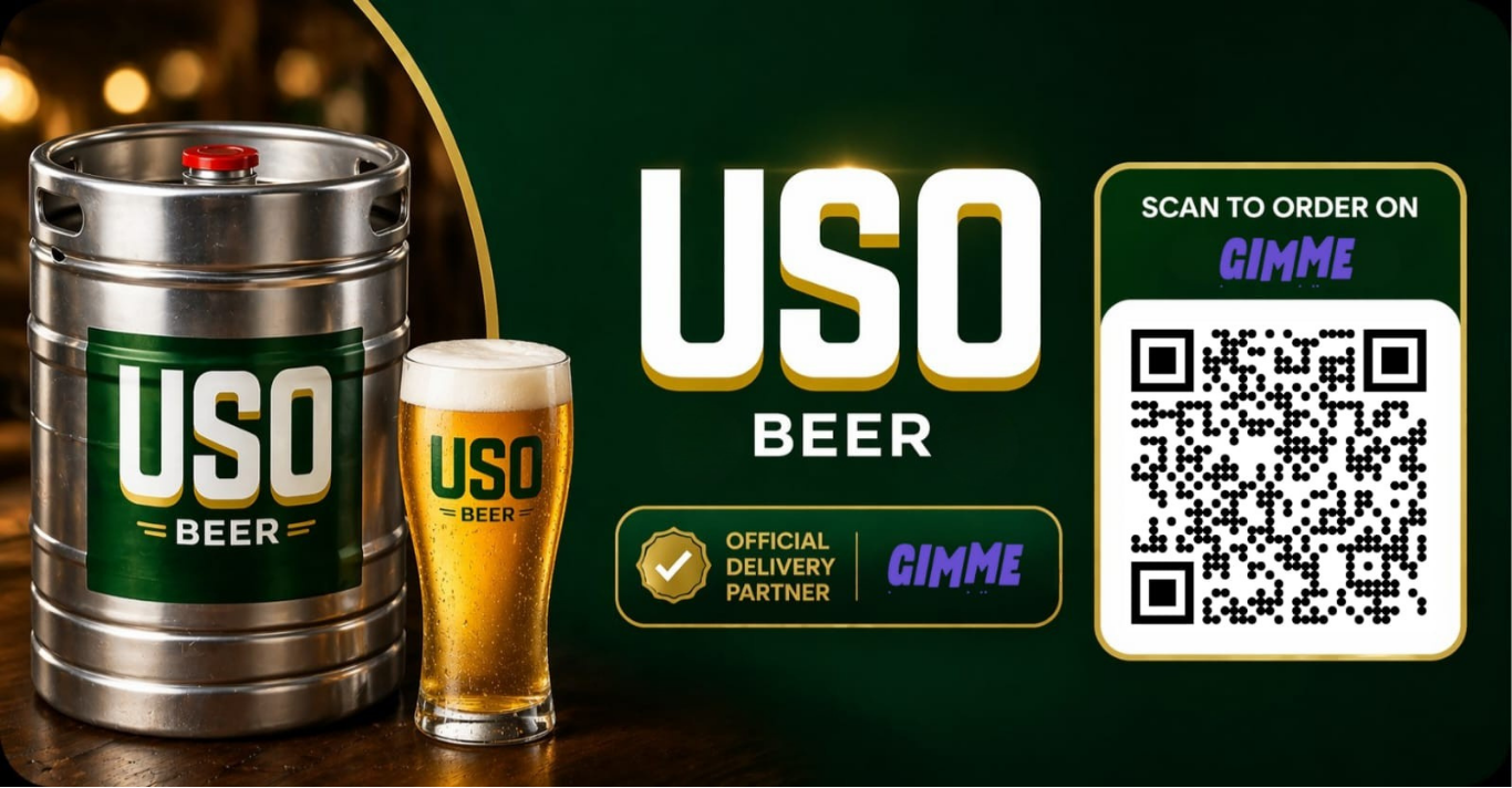 USO Beer keg and pint — Gimme is the official delivery partner. Scan to order on Gimme.