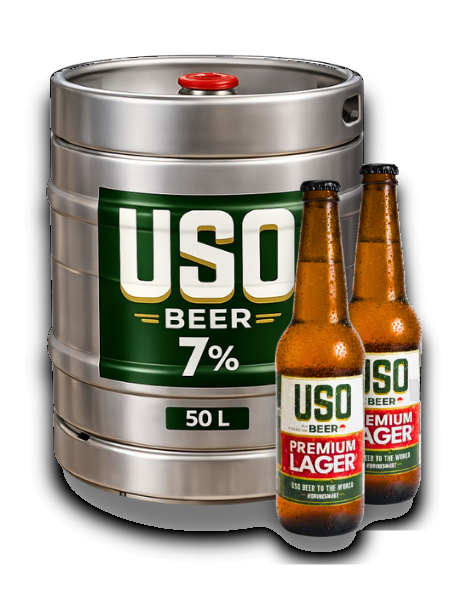 USO Beer 7% 50L keg with Premium Lager bottles